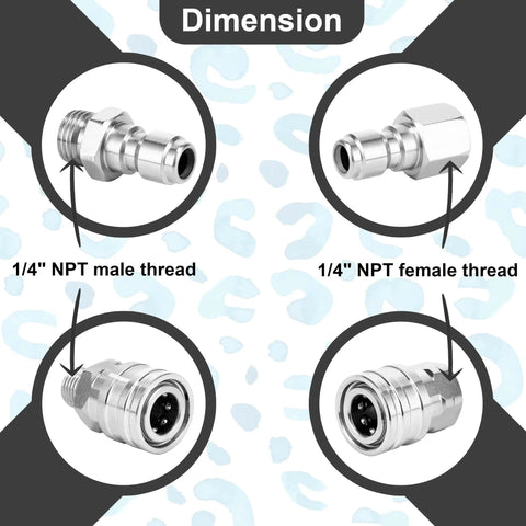 One Quarter Inch Quick Connect Pressure Washer Fittings Set With Stainless Steel Adapters, One Quarter Inch NPT Female And Male, Rust Proof, No Hassle Quick Connects For Fast Reliable Power Washing image showing 1/4 inch NPT male and female threads