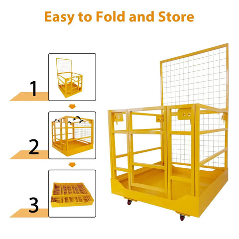 Front view of yellow Forklift Safety Cage With Wheels 1400 Lb Capacity Collapsible Aerial Platform, foldable with galvanized steel.