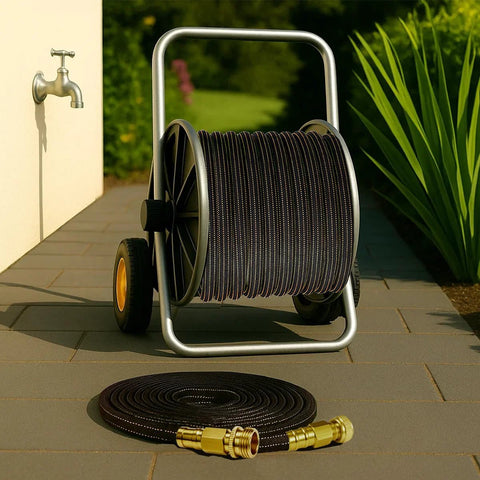 Garden hose on a metal reel cart, 25ft orange-black TPE hose with solid brass fittings.