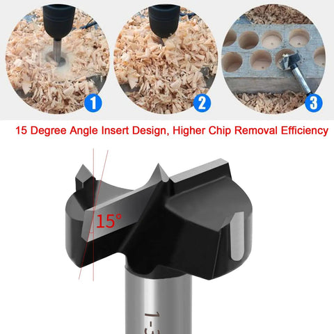 3-1/4 Inch Carbide Tipped Forstner Drill Bit For Hard Wood With Clean Flat Bottom Holes, shown in use with shavings and drilled wood.