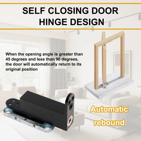 Self Closing Pivot Door Hinge, Heavy Duty Hidden Door Hardware for Wood Secret Doors, shown with 360 Degree Shaft and black finish.