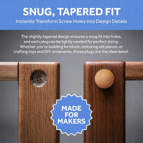 Maple Wood Screw Hole Plugs 1/4 Inch Pack Of 100 With Button Top Mushroom Caps shown on furniture for concealing holes