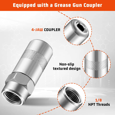 Grease gun hose extension with knurled grip, 12-inch length, 4-jaw coupler, 1/8 NPT threads