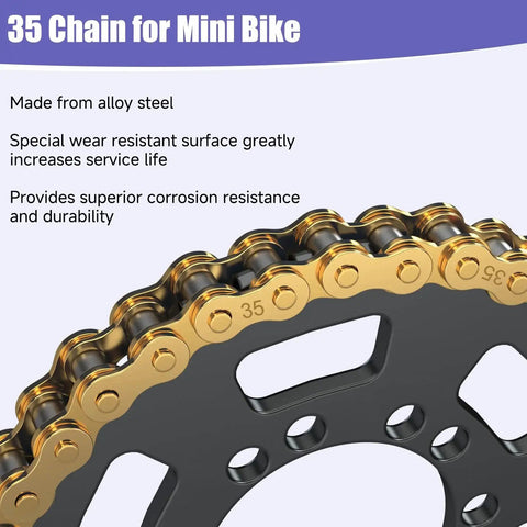 Close-up of 35 chain for mini bike showing alloy steel and wear-resistant surface, part of Mini Bike Chain Breaker Tool For 35 Chain Replacement Compatible With Coleman CT100U CC100X Doodle Bug DB30 Motovox MBX10 MBX11 Predator 97cc 100cc Monster Mega Moto MM B80 105cc Minibike Powersports Parts Great For Home Mechanic Projects DIY Friendly kit.