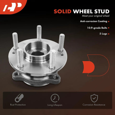 2X Front Wheel Bearing And Hub Assembly 5 Lug Fits Hyundai Sonata 2015-2019, Tucson 2016-2021, Veloster N 2020-2022, Nexo, Optima 2017-2020, Sportage, Cadenza For Hyundai And Kia Vehicles shown with anti-corrosion coating and grade bolts.