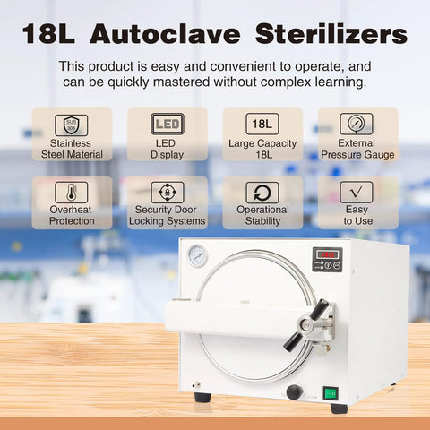 18L lab autoclave sterilizer, white with circular front door and LED display.