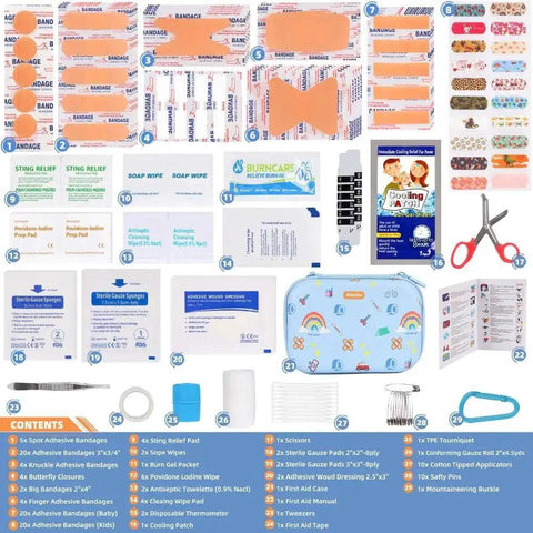 Contents of the All Purpose Portable Emergency First Aid Kit With 135 Pieces for home, travel, and camping, displayed with case.