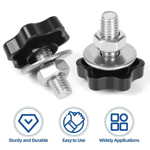 M6 Star Clamping Knob Set with Hex Nuts and Washers in black finish, showcasing plastic star shape grip screws with stainless steel hardware.