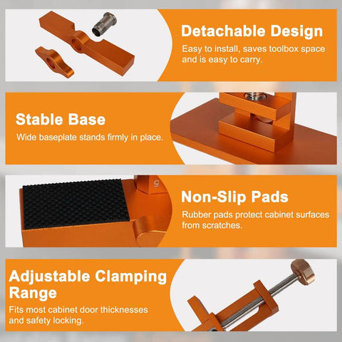 3-In-1 Cabinet Door Mounting Jig With Adjustable Positioner, Base, And Three Drill Bits, showing detachable design and features