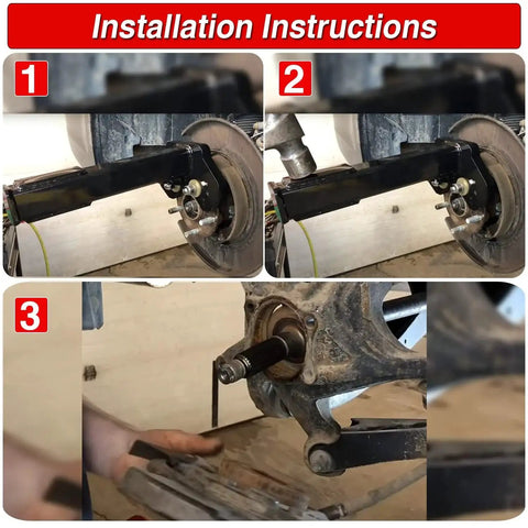 Installation guide for Universal Wheel Bearing Hub Removal Tool for all axle bolt hubs 5 lug 6 lug and 8 lug, shows step-by-step process.