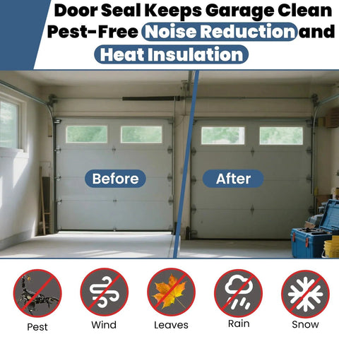 Before and after image of garage with 16Ft Replacement Garage Door Bottom Seal Vinyl Weather Stripping for Wayne Dalton 8000 and 9000 Series.