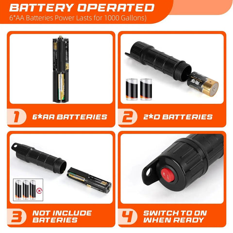 Battery Powered Siphon Pump For Gas And Diesel Transfer 2.4 GPM 47 Inch Hose battery options and operation instructions