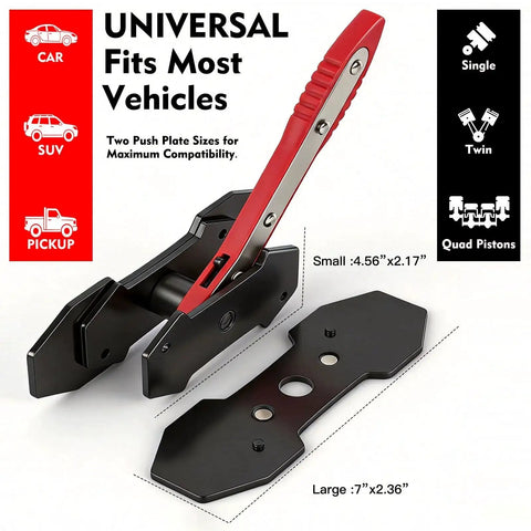 Mumicol brake caliper compression tool with red lever and black base; two steel plates for single to quad pistons.