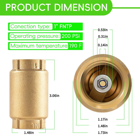 Brass 1-inch FNPT x 1-inch FNPT check valve with backflow preventer; dimension diagram.