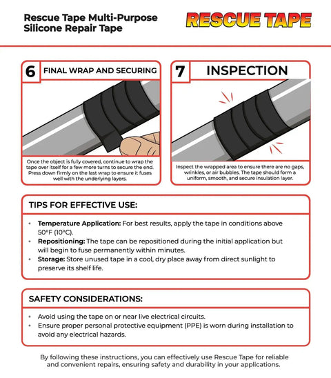Diagram showing securing and inspection steps using Self-Fusing Silicone Rescue Tape For Emergency Plumbing And Radiator Hose Repair.