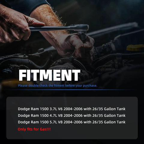 Mechanic working on Dodge Ram 1500 engine bay for 3.7L V6, 4.7L V8, 5.7L V8 with highlighted gas tank fitment details