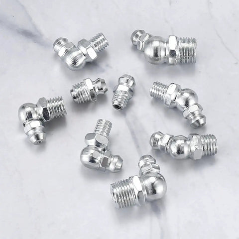 Pro Grade 140 Piece Grease Fittings Kit Featuring 1/4 Inch And 1/8 Inch Zerk Fittings Plus M6 And M8 Sizes in angled styles