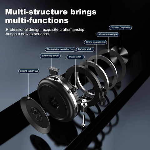Exploded view of Vacuum Magnetic Car Phone Mount components highlighting intelligent vacuum suction and strong magnetic grip.