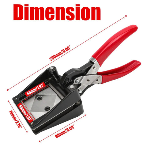 Go-To 50X50Mm Square Photo Cutter Handheld Die Punch Tool for crafts with red ergonomic handle and steel blade, dimensions shown
