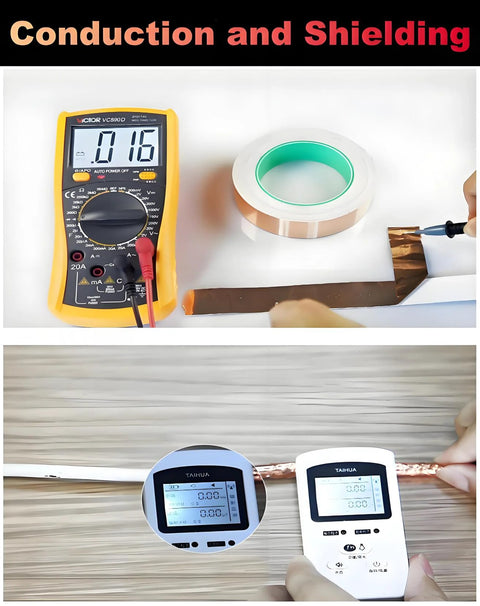 Copper foil tape 1/2 in x 50 ft for EMI/RFI shielding; copper strip, green liner, and multimeter.

Close-up of copper foil tape on a copper strip with a digital meter display.