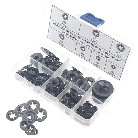 Industrial Starlock Push On Washers Assortment Kit 285 Pieces With External Push Rings and Speed Clips in open box