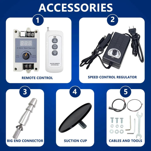 Accessories for Adjustable 24V Reciprocating Linear Actuator include remote control, speed regulator, connector, suction cup, cables.