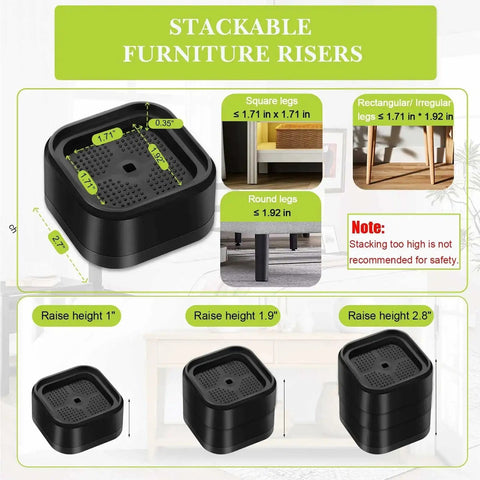 Infographic of Four Pack Heavy Duty Adjustable Bed Risers 1 2 3 Inch Square Stackable Furniture Lifts dimensions and uses
