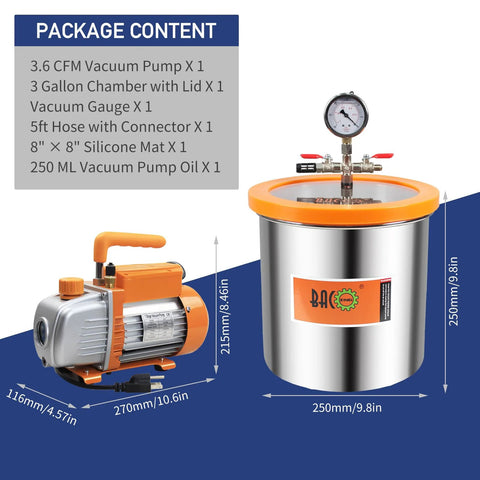 3-Gallon tempered glass lid vacuum chamber by BACOENG, with gauge and orange rim, shown with orange and silver pump.