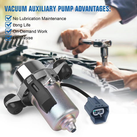 Automotive brake vacuum pump assembly with metal body and gray electrical connector