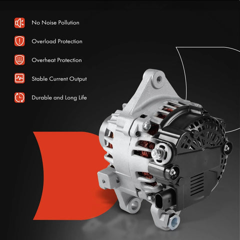 Premium 12V 115A Alternator For Toyota Corolla 2014-2019 1.8L With 6 Groove Decoupler Pulley Plug-And-Play Direct Fit Clockwise Rotation Replacement 27060-0T230 FG12T050, front view highlighting features like no noise pollution and overload protection.