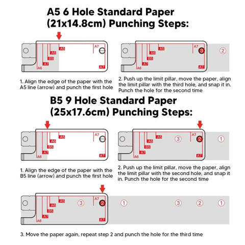Diagram of punching steps for A5 and B5 paper using a 3 Hole Punch Handheld Metal Round Punch For Do It Yourself Binders Notebooks And Scrapbooks.
