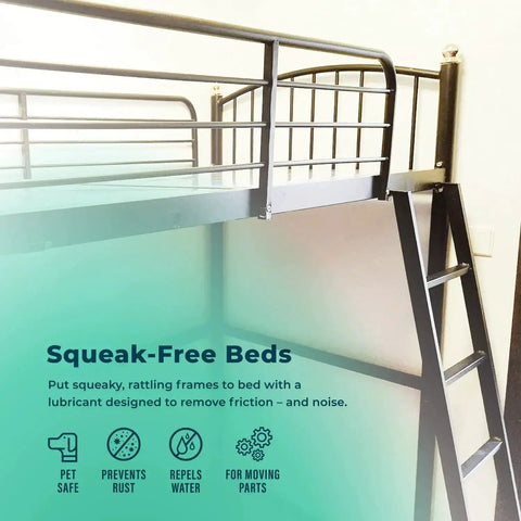 Metal bunk bed ladder highlighting Multi Purpose Penetrating Oil 2oz No More Squeaks On Door Hinges, Sewing Machines, Gym Equipment