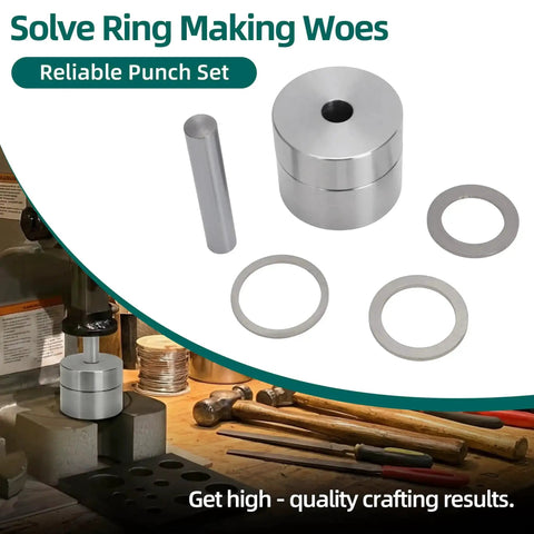 Coin Ring Making Kit With Four Piece Punch And Die Set Self-Centering Metal Hole Punch Tool Kit for jewelry crafting on a workbench