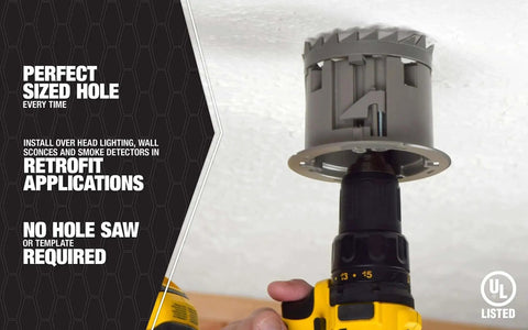 Smart Box Shark Tooth Fixture And Ceiling Electrical Box With Hole Saw drilling a ceiling for quick install Southwire MSBST250