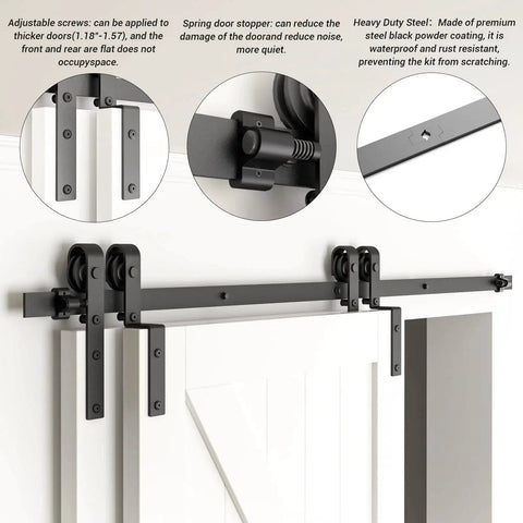 Six Foot Bypass Sliding Barn Door Hardware Kit For Double Wooden Doors With Single Track in Combination Track Mode installed view