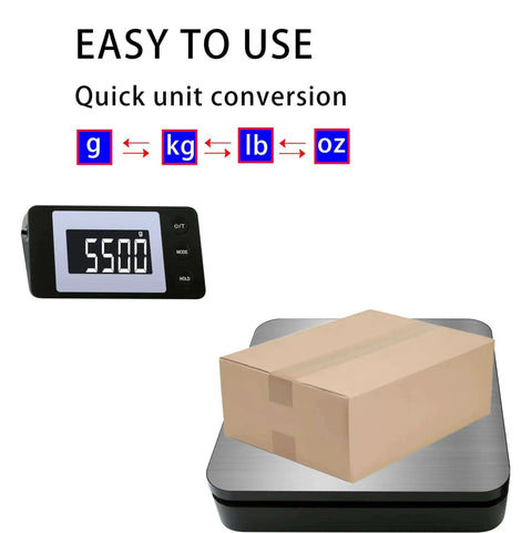 110 Lb Digital Postage Scale With LCD Display And Hold Tare Function, wireless LCD showing weight, package on scale surface
