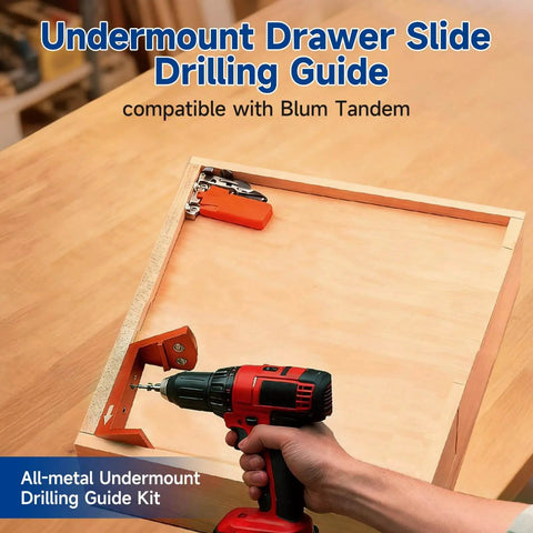 Person using drill on cabinet with Blum Tandem Undermount Drawer Slide Drilling Guide Kit with Pro Grade Aluminum Angle Guide