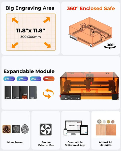 Enclosed 10W Laser Engraver For Precise Wood Metal Glass And Stainless Steel With 300x300mm Bed 0.01mm High Precision Class 1 Safety