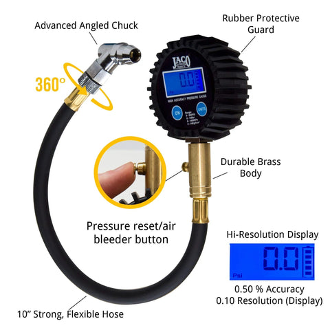 JACO ElitePro digital tire pressure gauge with brass body, 10-inch hose, angled chuck and blue backlit display
