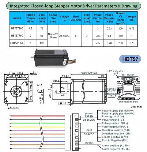 Diagram and specifications for Nema 23 57mm Stepper Motor Kit With Integrated Smart Servo System Encoder And Driver, showing technical details.