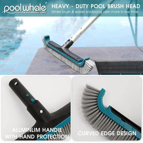All In One Pool Cleaning Kit With Ten Foot Adjustable Aluminum Pole Seventeen And A Half Inch Skimmer Net And Seventeen And A Half Inch Curved Wall Brush Head For Inground And Above Ground Pools No Fuss Debris Cleanup showing a heavy-duty pool brush head