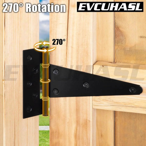 4 Inch T Strap Gate Hinges 2 Pack Heavy Duty Black Tee Hinges installed on wooden fence showing 270-degree rotation