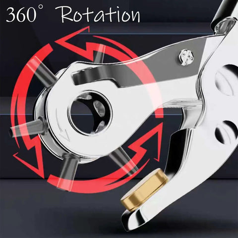 Close-up of leather belt hole puncher set showing 360-degree rotation, part of the pro grade labor saving design with sharp, polished 65 Mn steel.