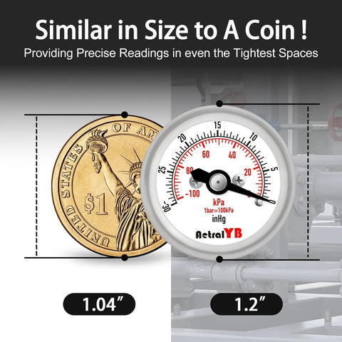 Tiny But Mighty Mini Vacuum Pressure Gauge With 1.2 Inch Dial Dual Imperial And Metric Scales next to coin for size comparison.