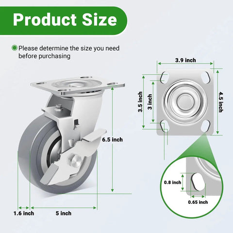 Diagram of Heavy Duty 5 Inch Casters With Brake Set highlighting dimensions, ideal for equipment carts and workbenches by Nefish.
