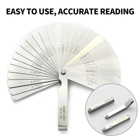 Three Piece Feeler Gauge Set With 32 And 26 Blade Gauges And Offset 16 Blade Gauge Stainless Steel Dual Marked Metric And Imperial Gap Tool For Automotive Repair And Engine Tuning Today, shown fanned out with two additional gauge sets in circle inset.