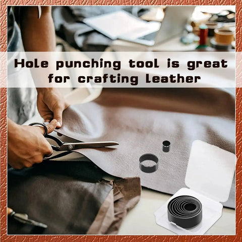 Person cutting leather near eight piece leather circle cutter set with high carbon steel round punches, eight diameters from 20 to 55 mm.