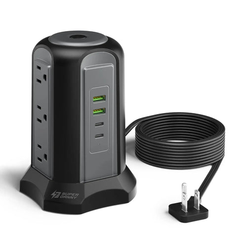 Nine Outlet Tower Surge Protector With Four USB Ports And A 10 Ft Cord, Grounded Plug In Desktop Charging Station, 1080 Joules, Three Prong Power Strip For Home And Office, Black showing front view with visible outlets and USB ports.