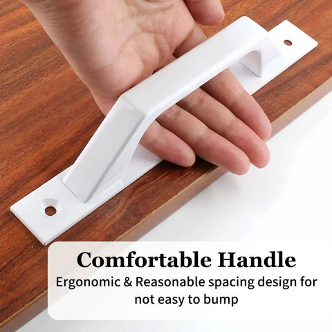 Two Pack Sliding Barn Door Handles 7.9 Inch Aluminum Alloy Pull Handles For Sliding Barn Doors Gates Cabinets Closets Drawers Garage Shed White Finish Includes Eight Mounting Screws For Easy Installation shown on a wooden surface.