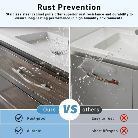 Comparison of rust prevention on stainless steel vs. regular cabinet pulls under water exposure.